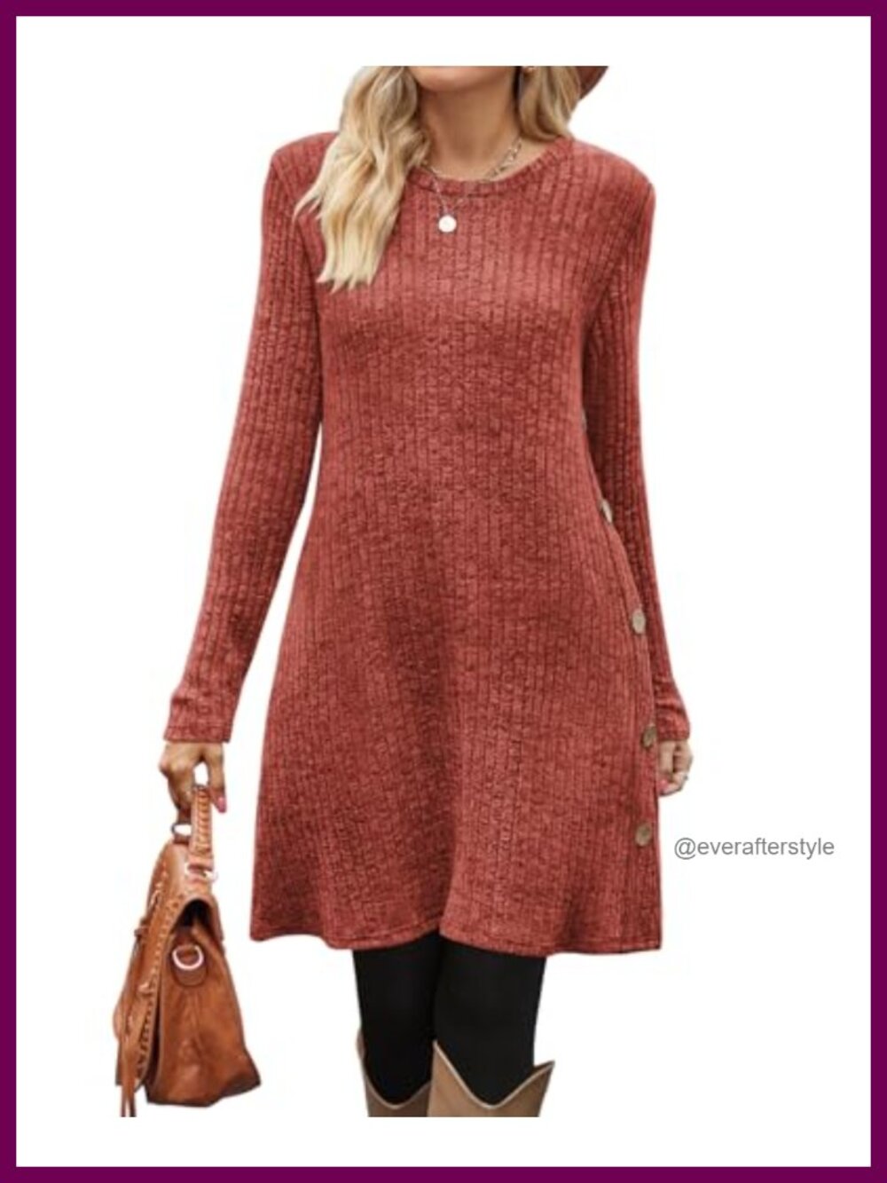 Ribbed Knit Long Sleeve A-Line Dress with Pockets Button Detail - Picture 2 of 4